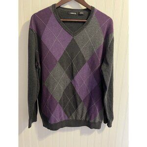 Men’s Classic Argyle Sweater V-Neck Grey And Purple Size L 100% Cotton Preppy